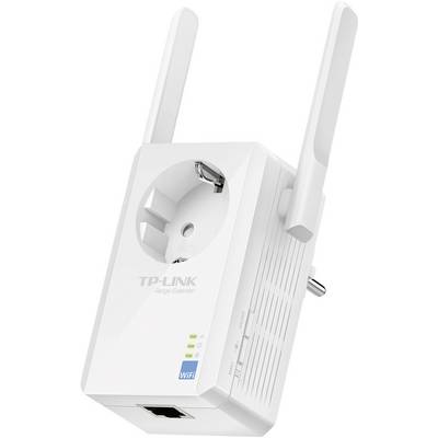 Síťový repeater Wi-Fi s připojením do zásuvky a dvěma anténami, značka TP-Link, bílé provedení. Rozšiřuje signál Wi-Fi v domě.