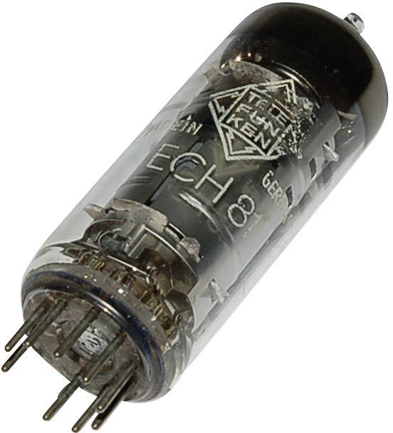 Fotografie vintage elektronky s kovovými vývodními kolíky a skleněným pouzdrem, označené štítkem "ECH81".
