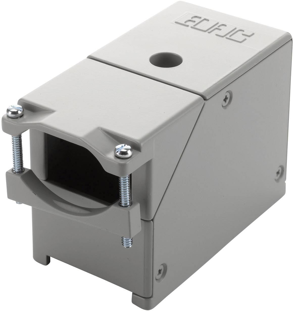 Šedý plastový kryt se šroubovými otvory a otvorem. Vhodný jako držák nebo ochranný obal pro průmyslové aplikace.