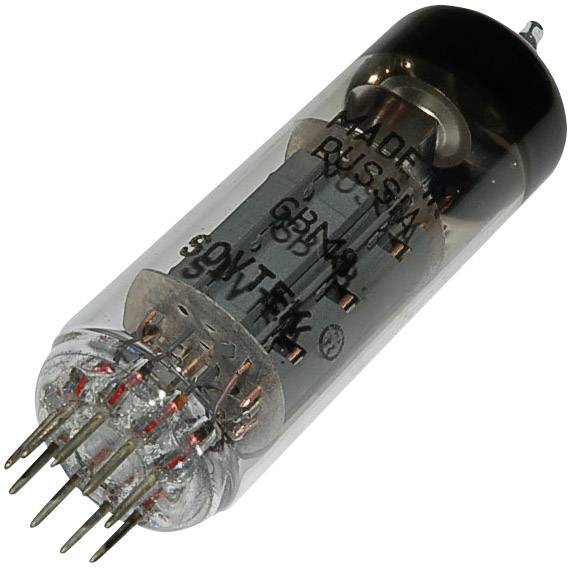 Skleněná trubice s několika kovovými kolíky, pravděpodobně elektronická součástka nebo komponenta lampového zesilovače.