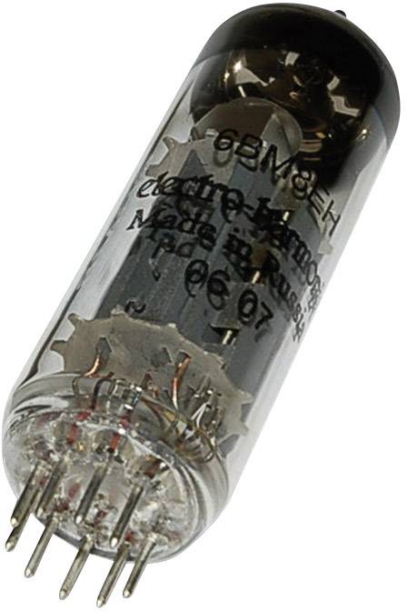 Elektronková lampa se šesti kovovými piny, označená štítkem '6BM8/EH' a 'Vyrobeno v Rusku', od společnosti Electro-Harmonix.