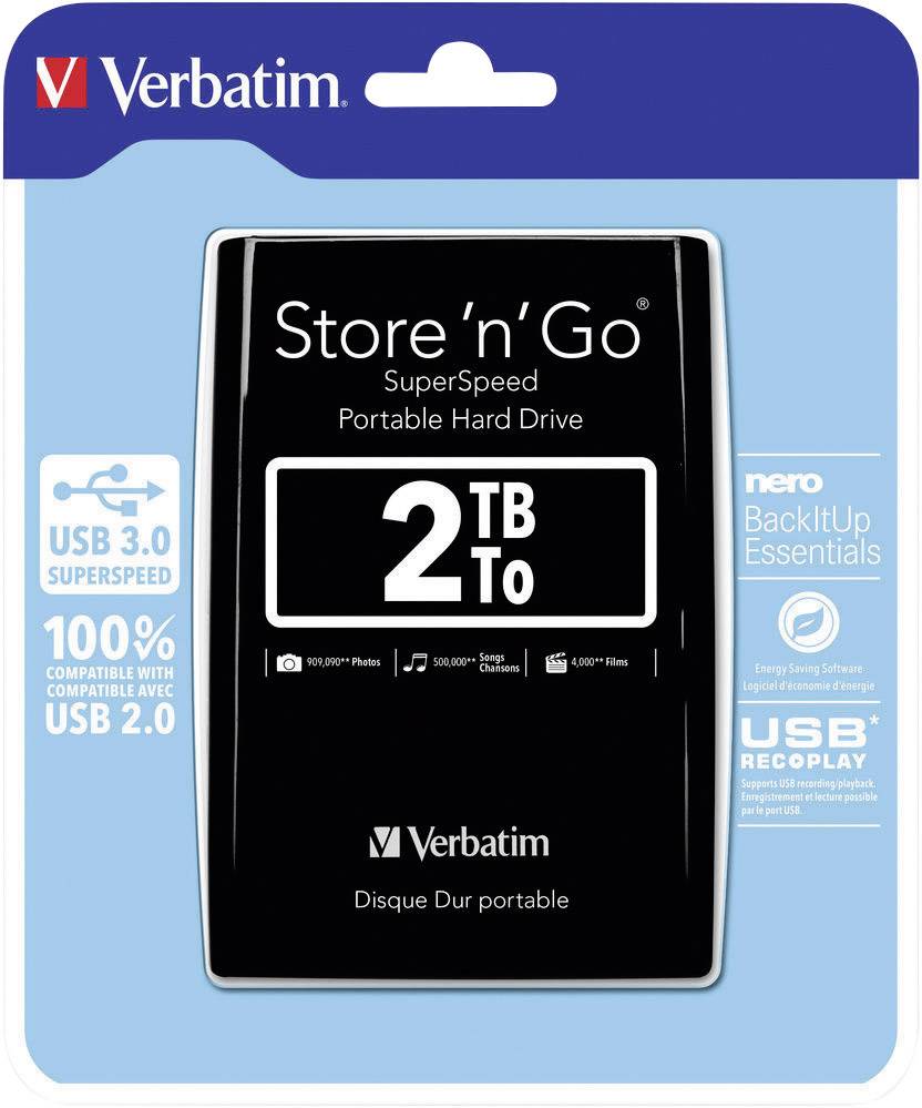 Externí pevný disk 'Verbatim Store 'n' Go' s 2 TB úložným prostorem. Kompatibilní s USB 3.0 a 2.0. Poznámka k softwaru Nero BackItUp.