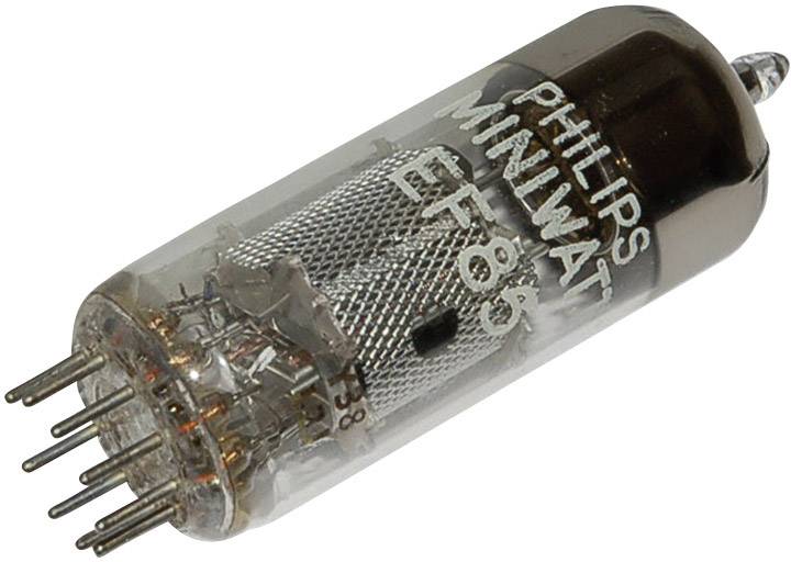 Elektronka značky Philips Miniwatt EF85, válcovitého tvaru s několika kovovými kolíky.
