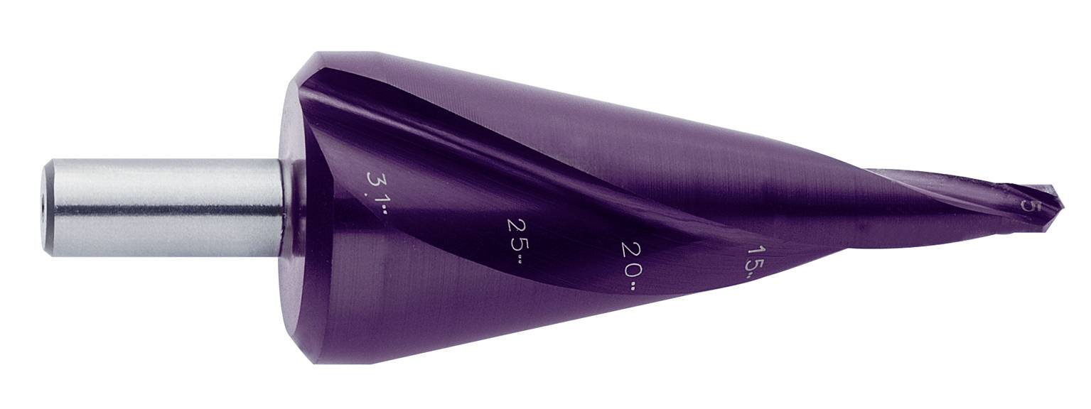 Červenohnědý stupňovitý vrták s několika stupňovitými průměry od 4 do 39 mm, vhodný pro obrábění kovu a plastu.