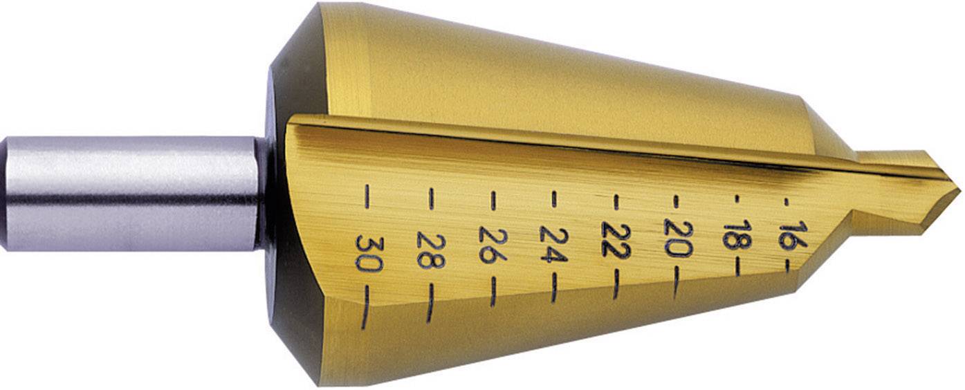 Stupňovitý vrták z kovu se zlatým povrchovým pokovením a vyznačenými hloubkovými měřeními od 4 do 30 mm, boční pohled.