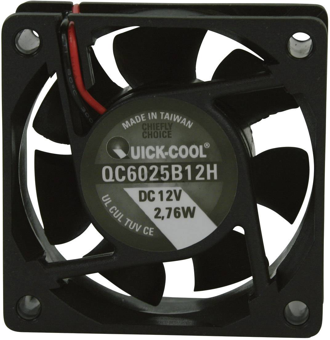 Černý ventilátor s etiketou 'Quick-Cool QC6025B12H', napájení 12V, 2,76W. Výrobek je vyroben na Taiwanu.