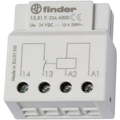 Elektronické relé Finder, model 13.31.9.024.4300. Vhodné pro 24V DC. Zapojení schématu je zobrazeno na přední straně.
