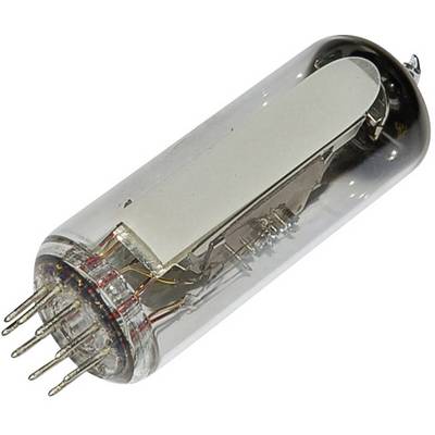 Skleněná trubice s několika kovovými kolíky na jednom konci, pravděpodobně elektronická součástka, jako je vakuová elektronka.