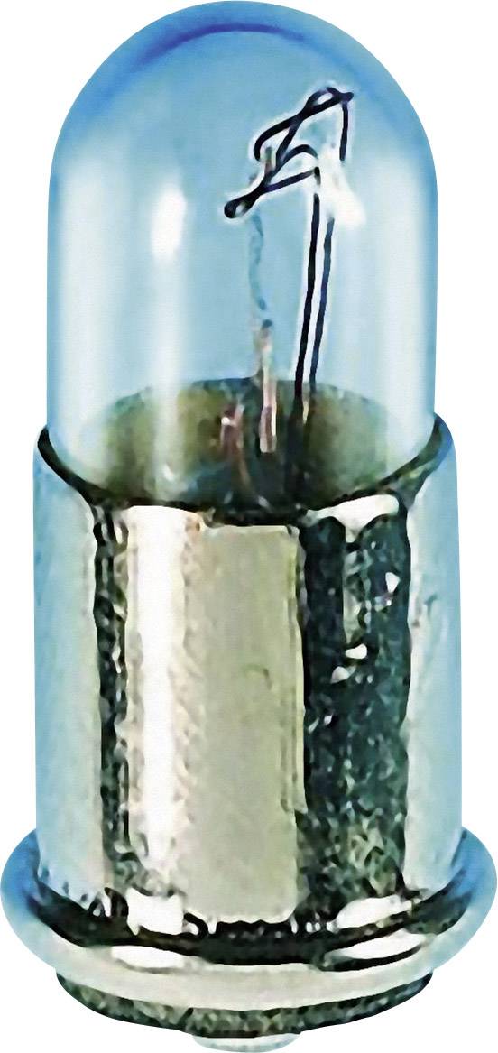 Malá žárovka s kovovým podstavcem a skleněnou baňkou, typicky používaná v baterках nebo elektronických zařízeních.