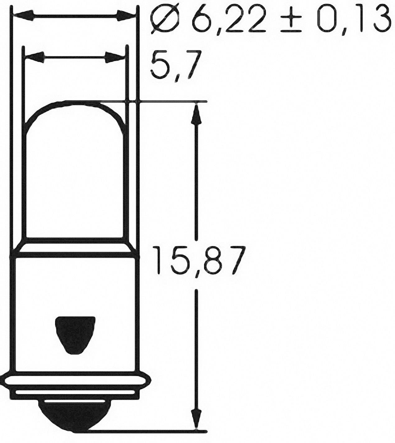 Technický výkres žárovky s rozměry: průměr 6,22 ± 0,13 mm, výška 15,87 mm a délka 5,7 mm.