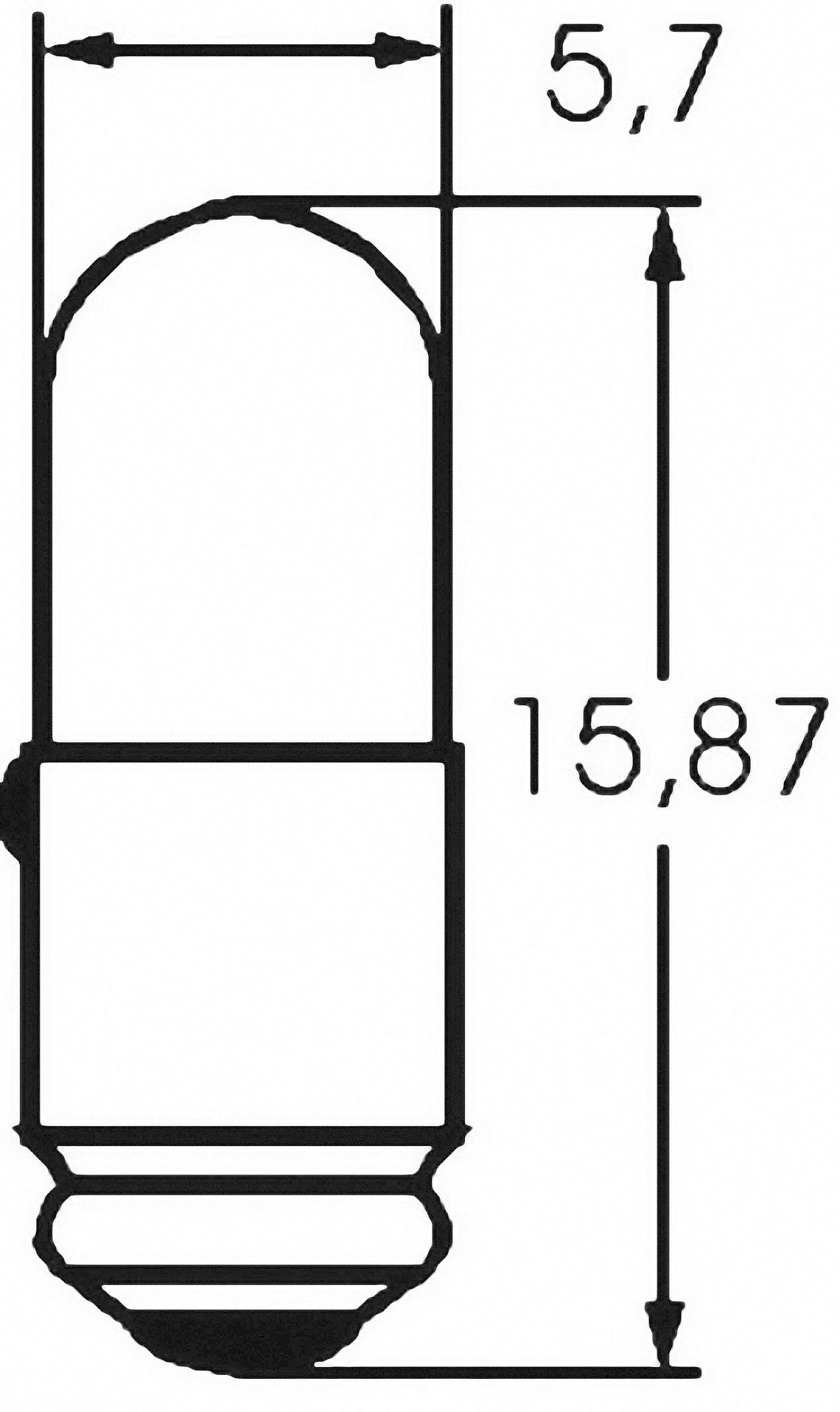 Technický výkres žárovky s rozměry, zobrazující výšku 15,87 mm a průměr 5,7 mm.