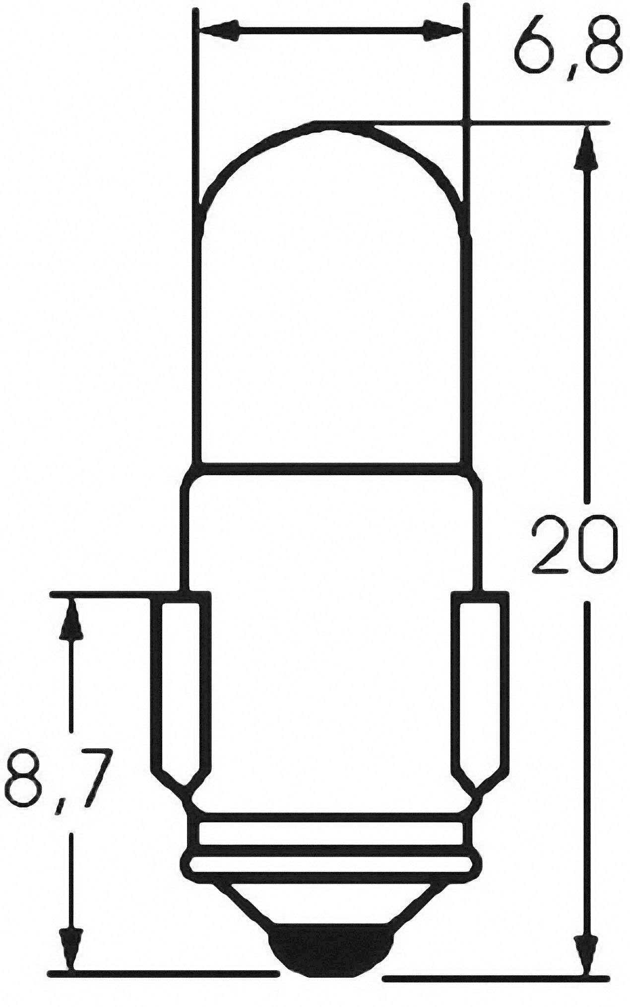 Technický výkres žárovky s rozměry 6,8 mm šířka, 20 mm výška a 8,7 mm pro specifické součásti.