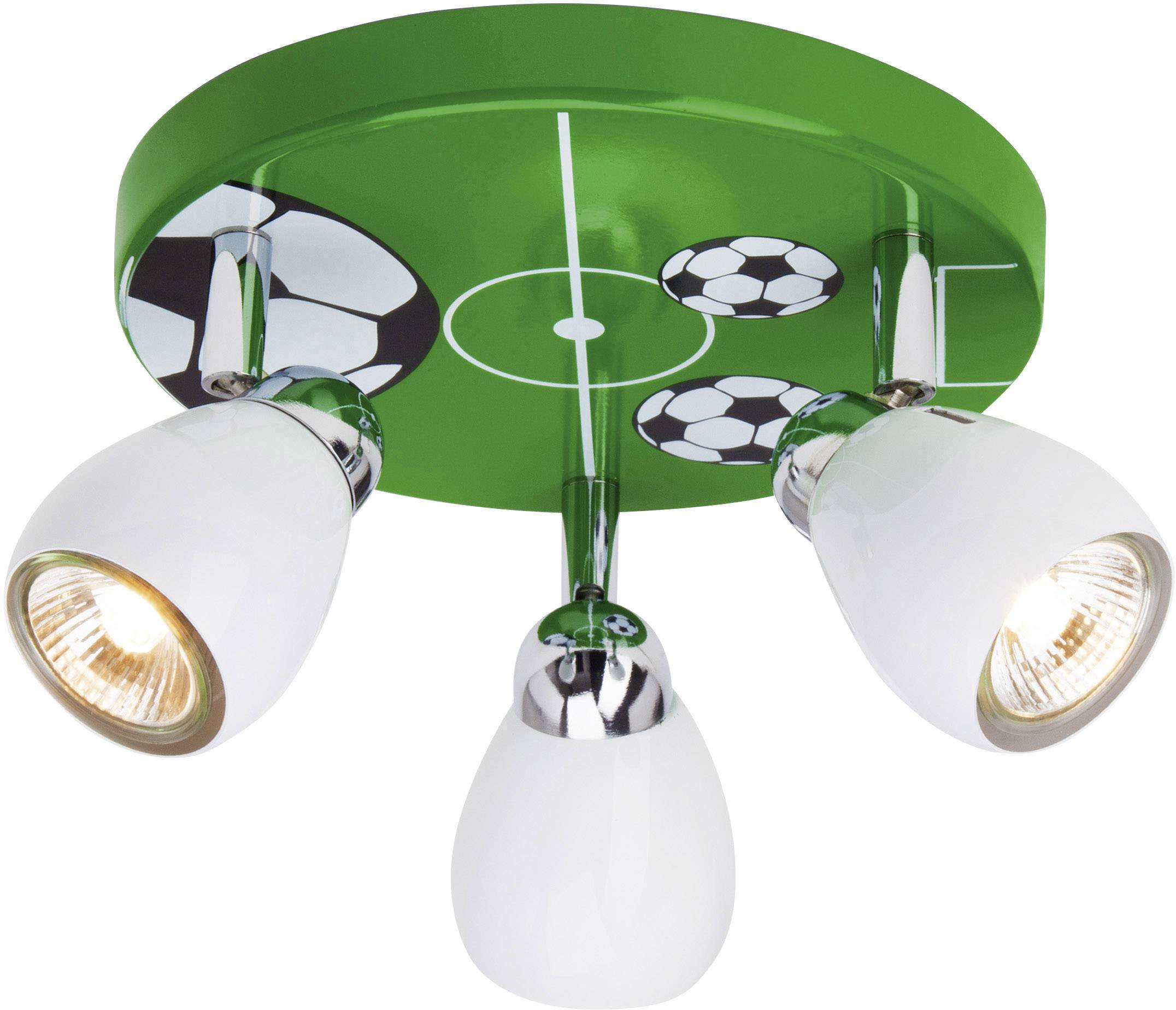 Tříramenná stropní lampa s motivem fotbalu na zelném pozadí, ideální do dětského pokoje nebo pro sportovní dekoraci.