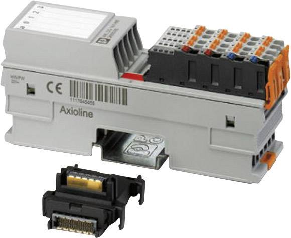 Elektronický modul s několika sloty a kabelovými přípoji, včetně odpovídajícího konektoru.
