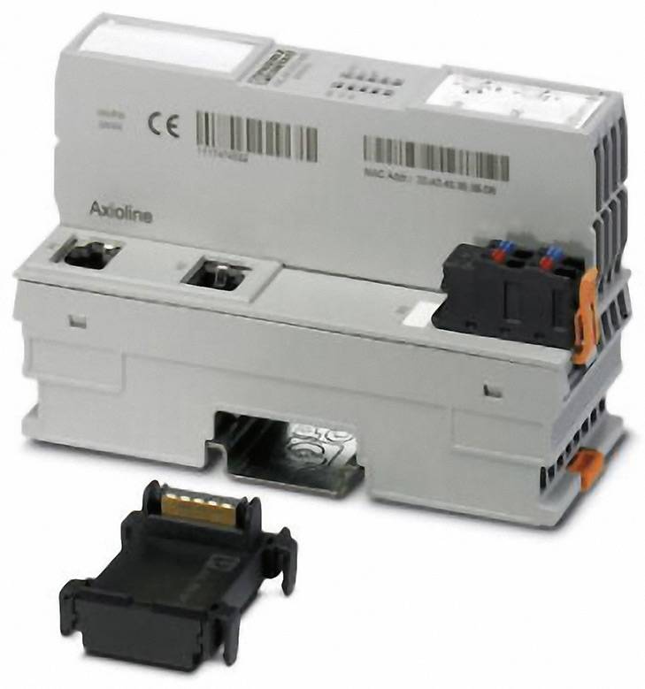 Průmyslový ethernetový switch montovaný na DIN lištu. Ukazuje robustní, kompaktní konstrukční provedení pro průmyslové síťové aplikace.
