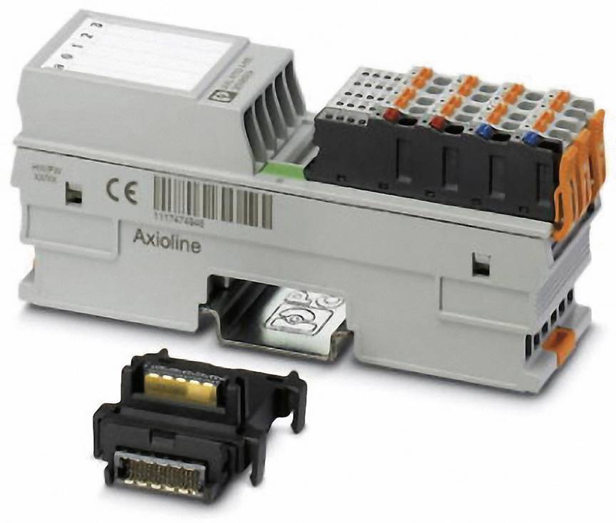 Elektrický připojovací modul s několika barevně kódovanými svorkami pro průmyslové aplikace, namontovaný na lištu DIN.