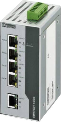 Průmyslový ethernetový switch s pěti RJ45 porty a jedním SFP portem. Označený značkou 'Phoenix Contact'.