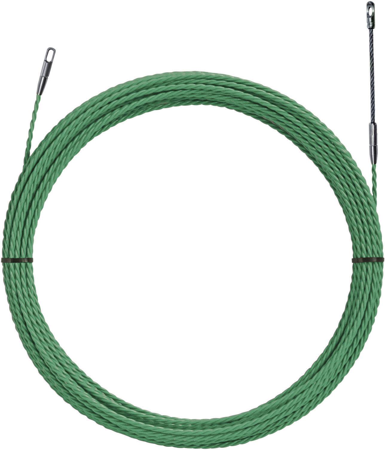 Zelený, spirálovitý kabel s oky na obou koncích, svinutý do kruhu.