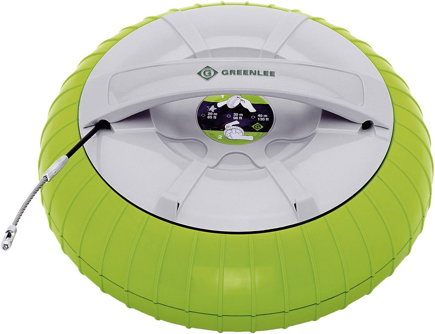 Kulatý zeleno-šedý elektrický kabelový navíječ značky Greenlee.