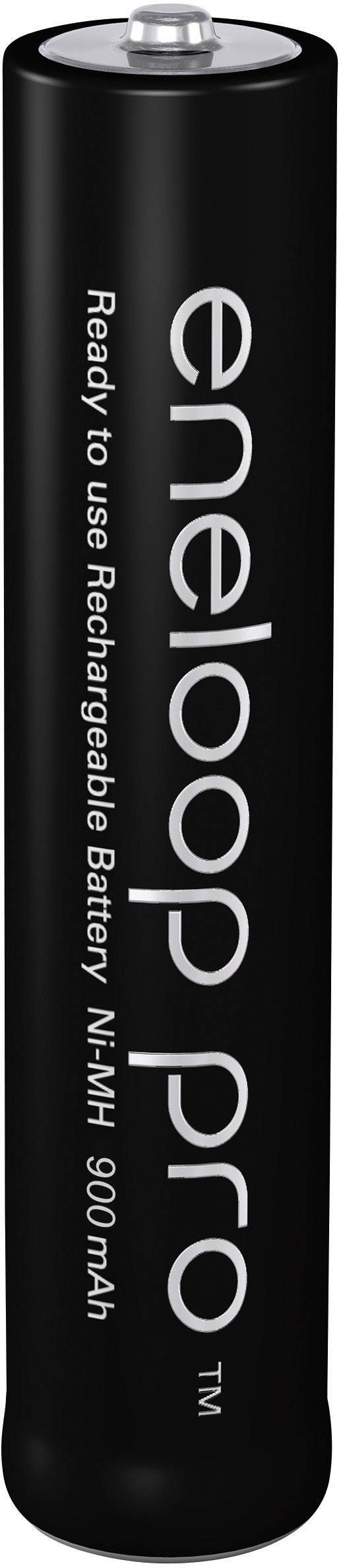 Černá dobíjecí baterie AA 'eneloop pro', Ni-MH, 2500 mAh, s nápisem 'Připravena k použití dobíjecí baterie'.