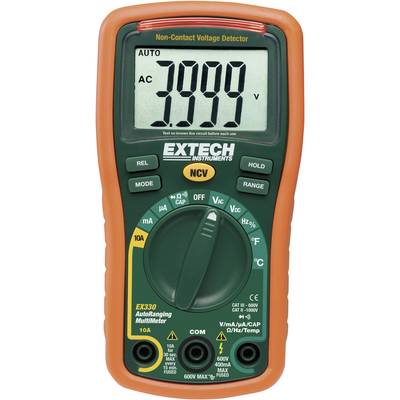 Multimetr ukazuje '3999 V' na displeji. Disponuje otočným přepínačem pro různé měřicí funkce. Značka: 'Extech'.