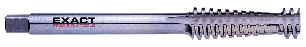 Stříbrný závitník s nápisem 'Exact Precision Tools'. Má ostré řezné hrany a je vhodný pro přesné obrábění kovu.