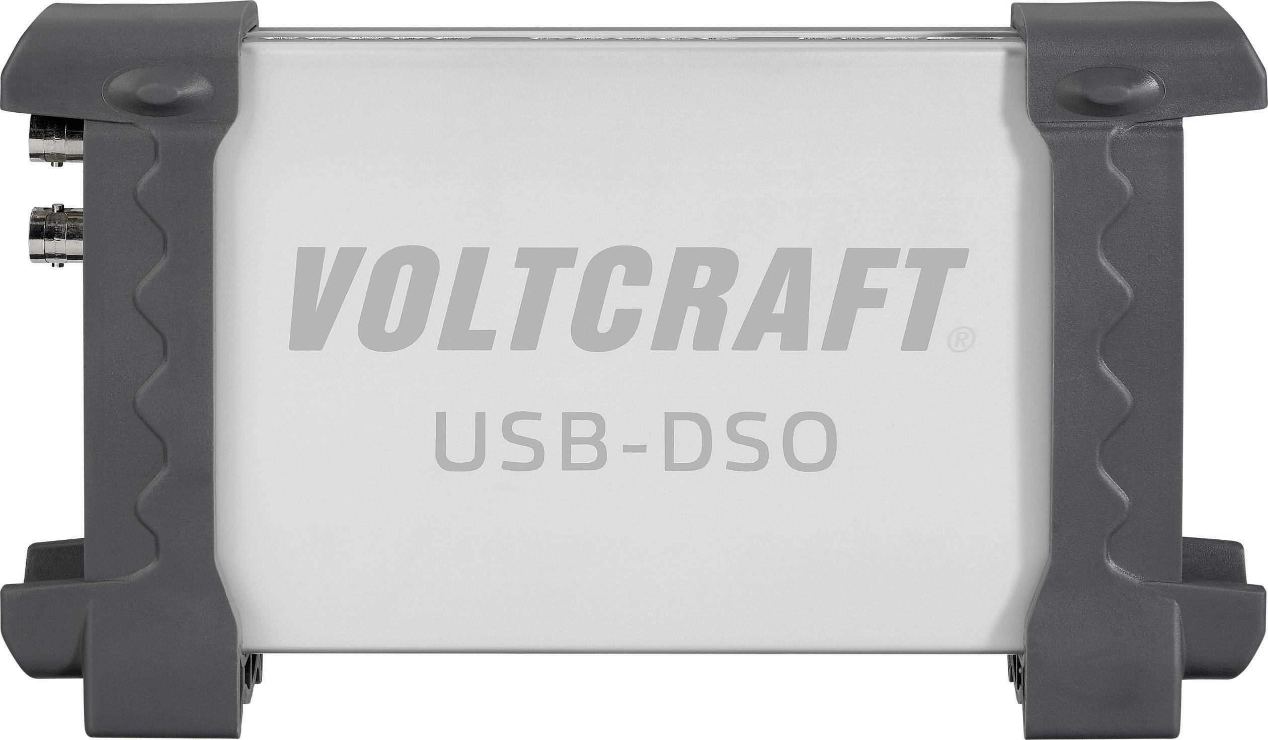 Šedé zařízení 'Voltcraft USB-DSO' s připojovacími zdířkami. Využívá USB pro přenos dat, vhodné pro elektronická měření.