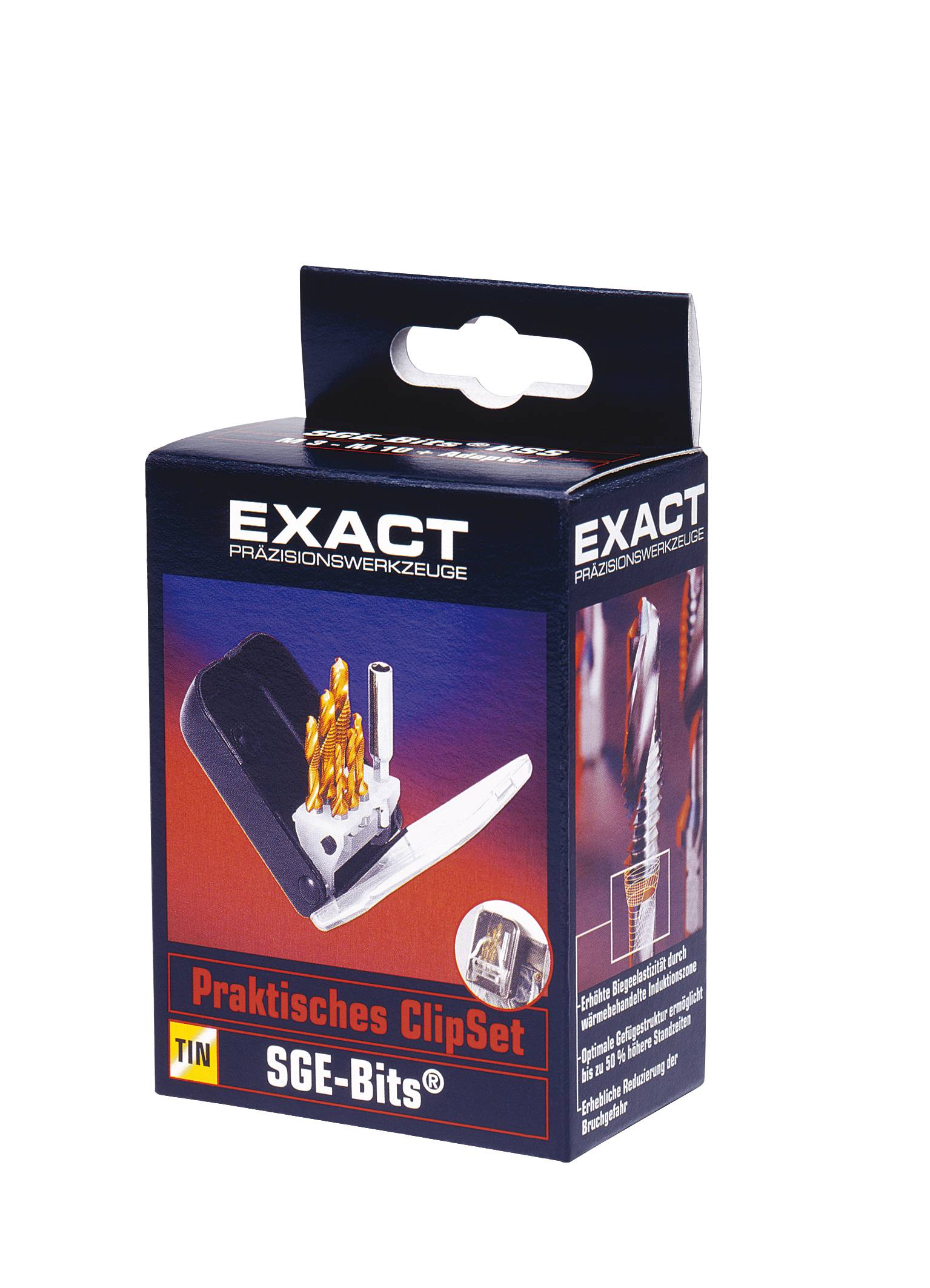 Balení s nápisem 'EXACT Přesné nástroje' a 'Praktická sada ClipSet SGE bitů'. Obsahuje malé vrtací nástavce.