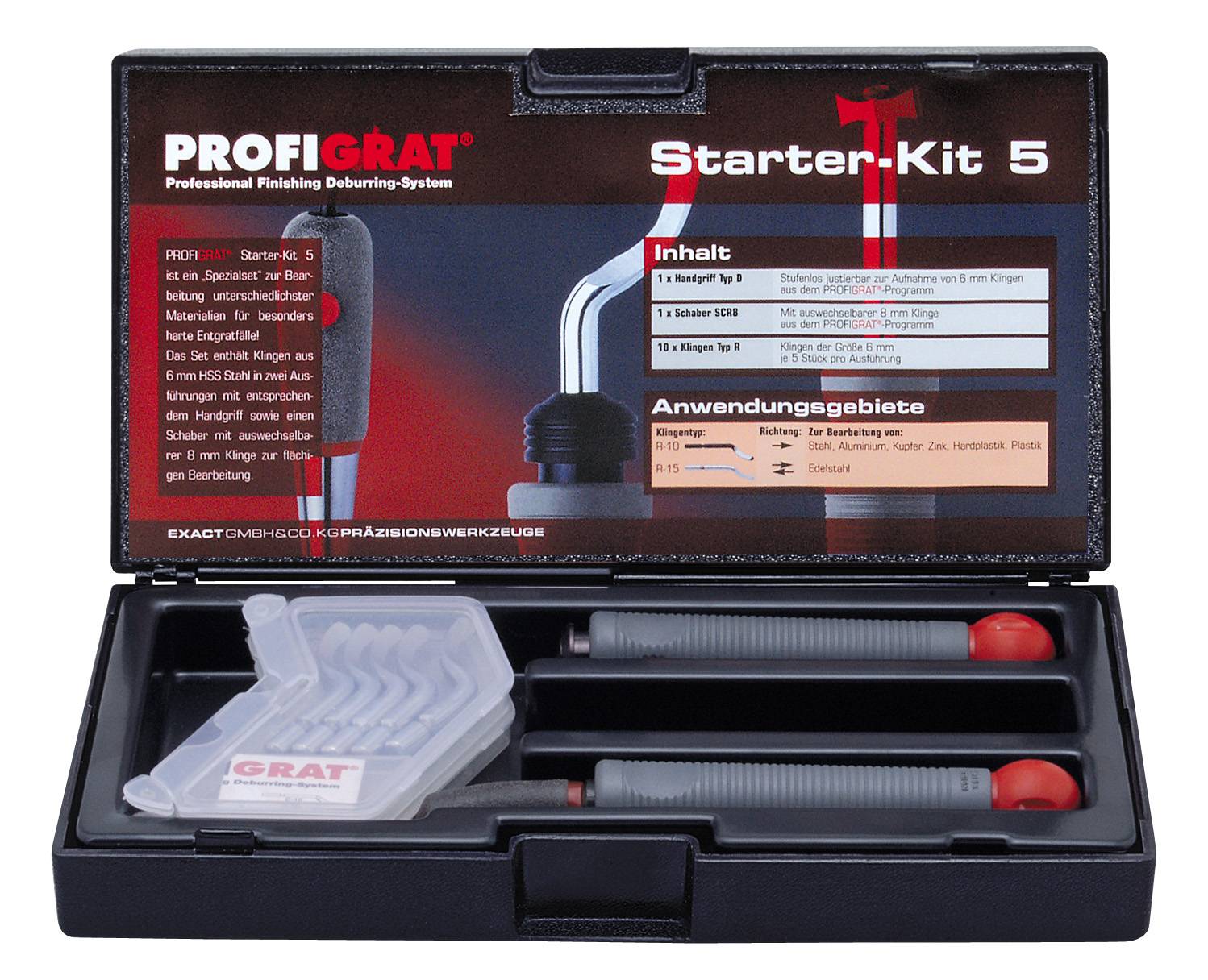 Startovací sada 5 pro odjehlení, obsahuje čepel I-D pro ocel, nerezovou ocel, hliník, plasty, stejně jako E-D pro vnější hrany. Použití: 1-11 mm.