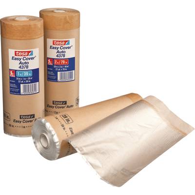 Tři role Tesa Easy Cover Auto 4378, z nichž jedna je částečně rozvinutá, zobrazují hnědý papír s průhlednou plastovou fólií, používané k zakrývání.