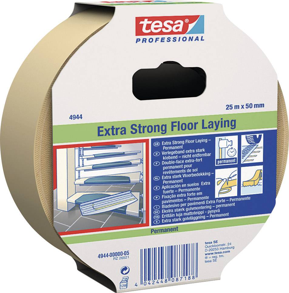 Montážní páska 'Extra Strong Floor Laying' od tesa, 25 m x 50 mm, v balení, vhodná pro silnou pokládku podlahy, trvale přilnavá.