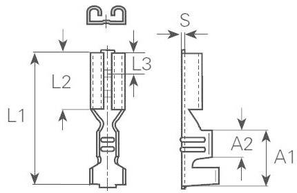Mechanická výkresová dokumentace konektoru s rozměry L1, L2, L3, A1, A2 a S. Zobrazuje tvarové detaily a řez.
