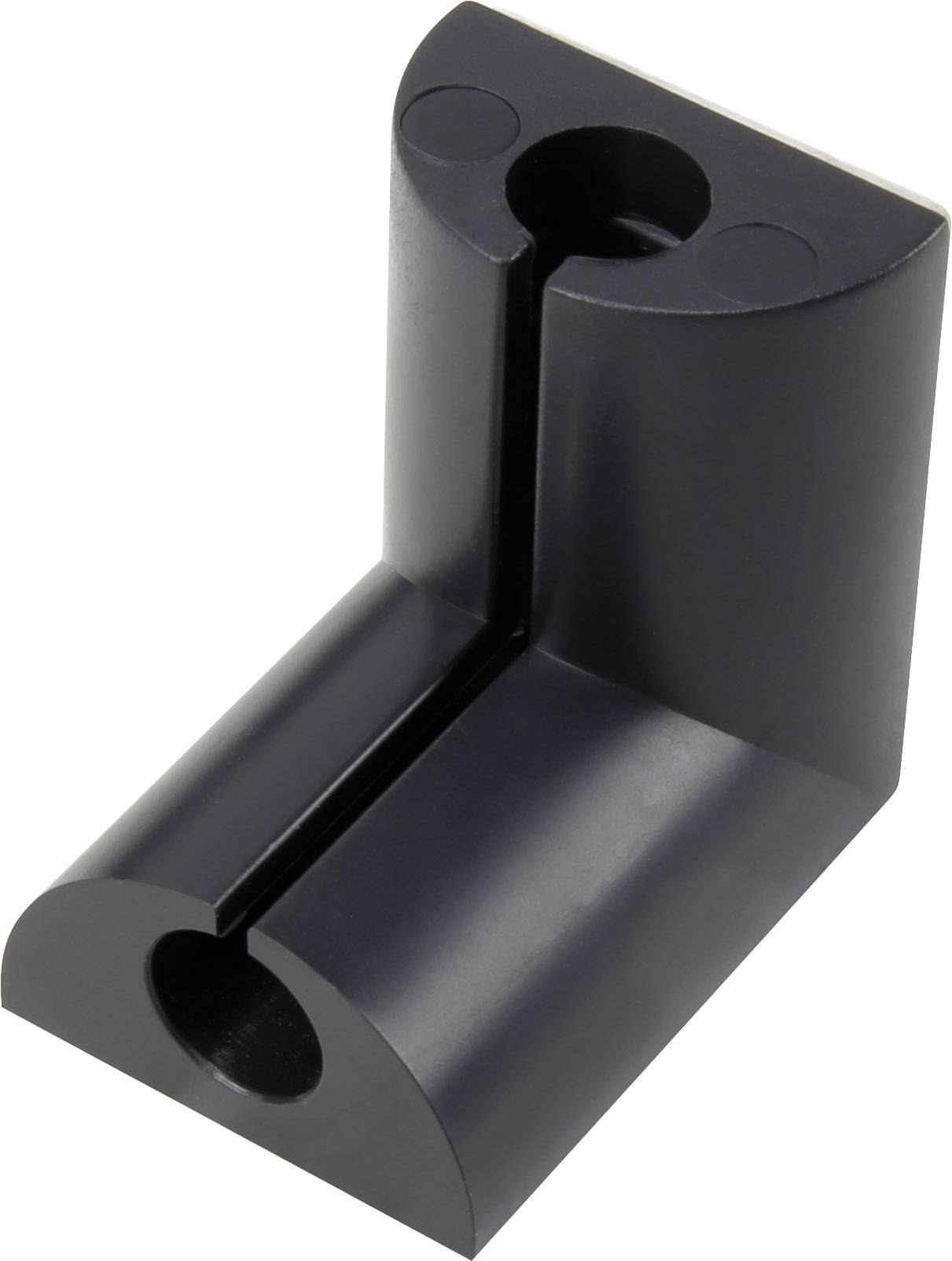 Černý válcový upevňovací blok z kovu se dvěma otvory a štěrbinou, určený pro mechanické aplikace.