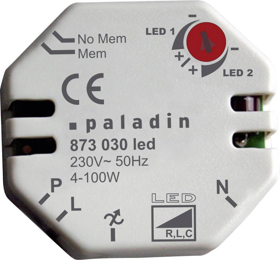 Elektronický stmívač s nápisem 'paladin 873 030 led'. Zobrazuje symboly a technické specifikace: 230V, 50Hz, 4-100W.