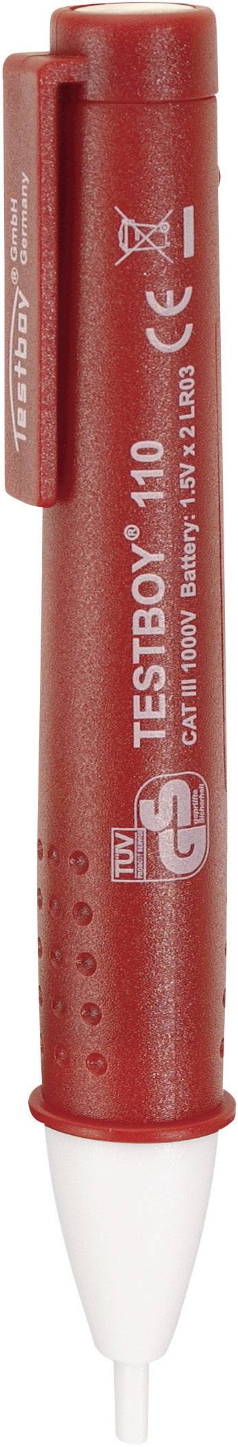 Červený tester napětí s nápisem 'TESTBOY 110' a bílým zkušebním hrotem dole. Vhodný pro kontrolu elektrického napětí.