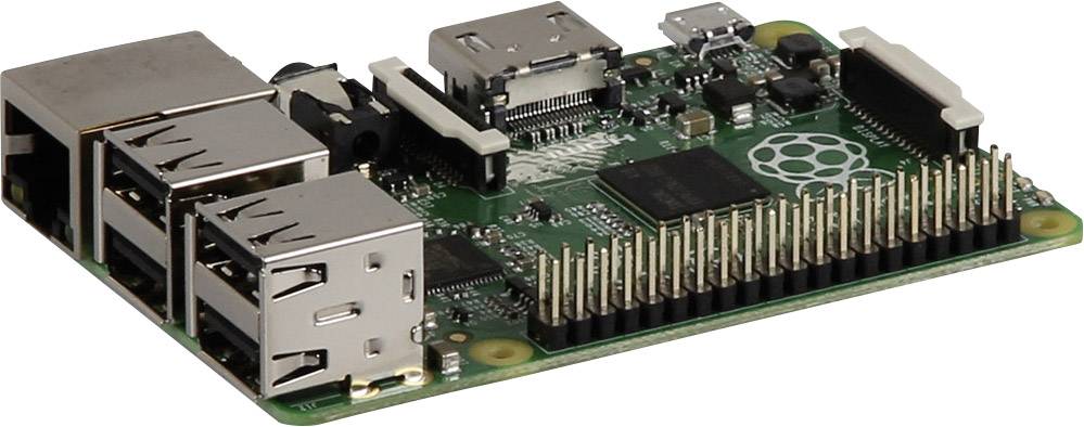 Deska plošných spojů s USB a HDMI konektory a GPIO piny. Jedná se o Raspberry Pi, malý počítač určený pro elektronické projekty.