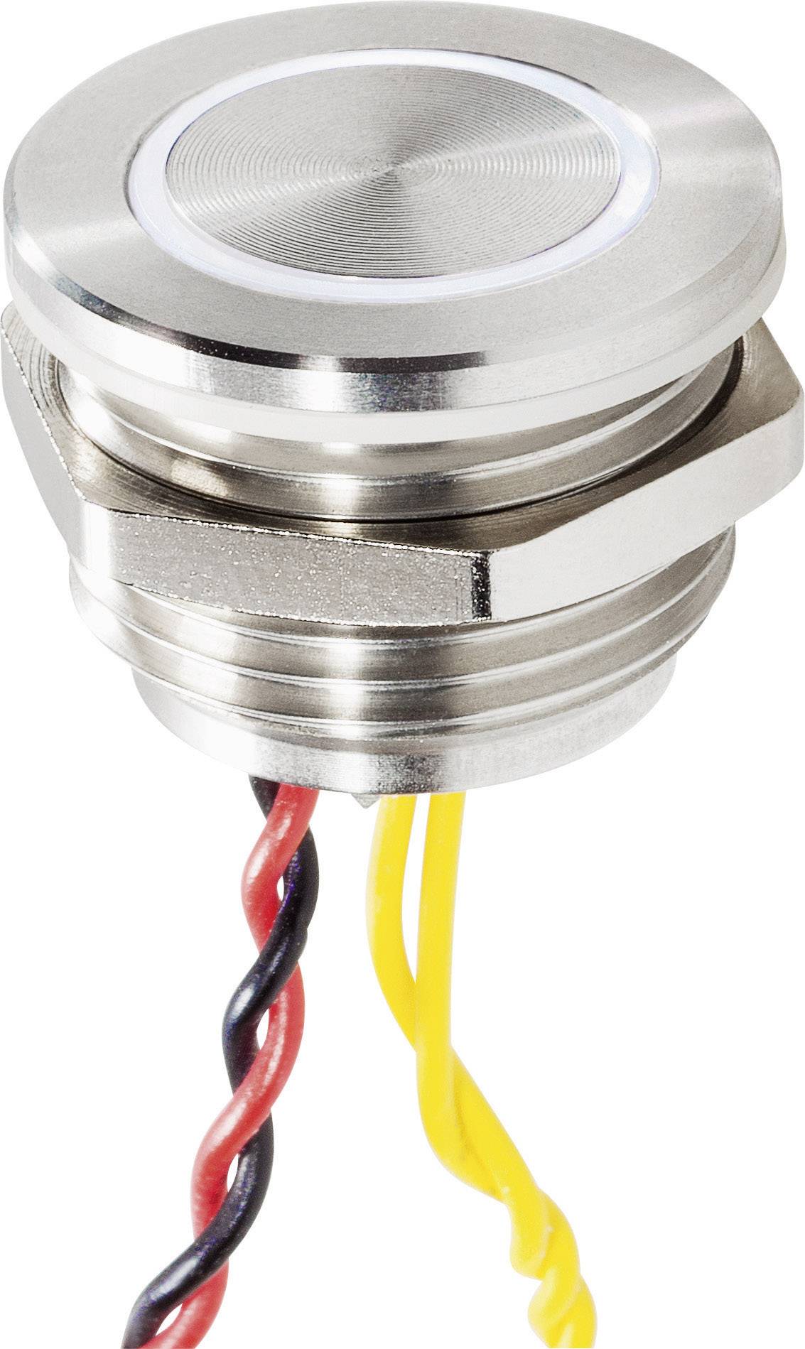 Kovový tlačný spínač s kulatým, plochým tlačítkem. Jsou připojeny dva zkroucené kabelové páry v černočervené a žlutočervené barvě.