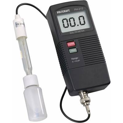 Měřič pH VOLTCraft PH-212 ukazuje 0,0 pH. Připojen k pH elektrodě a kalibrační kapalině. Využívá elektrické napájení.