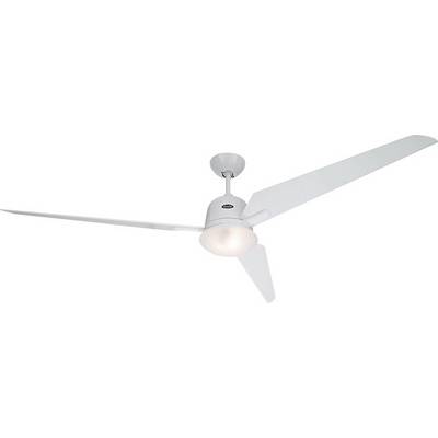 Stropní ventilátor v moderním designu se třemi bílými listy a integrovaným osvětlením uprostřed.