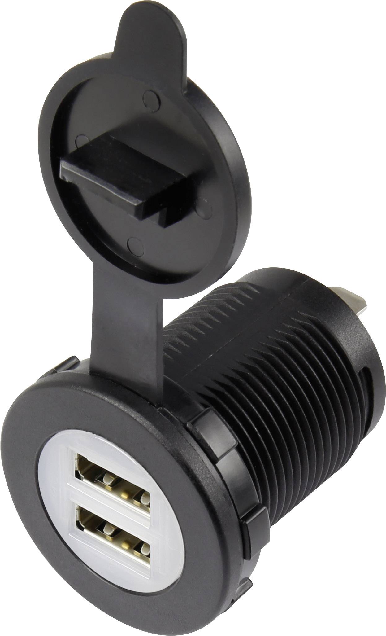 Černý válcový USB nabíjecí port se dvěma USB sloty a odnímatelným krytem, otevřený a připravený k použití.