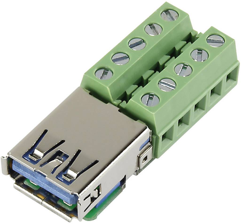 Zelený terminálový blokový adaptér s USB konektorem, který umožňuje elektrické připojení mezi USB kabelem a svorkami.