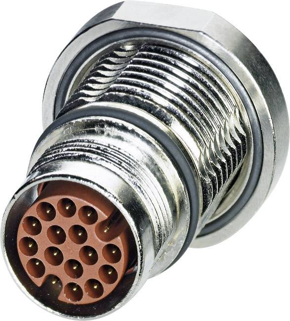 Kulatý, kovový vícepólový konektor s několika kontakty, vhodný pro průmyslové nebo elektronické aplikace.