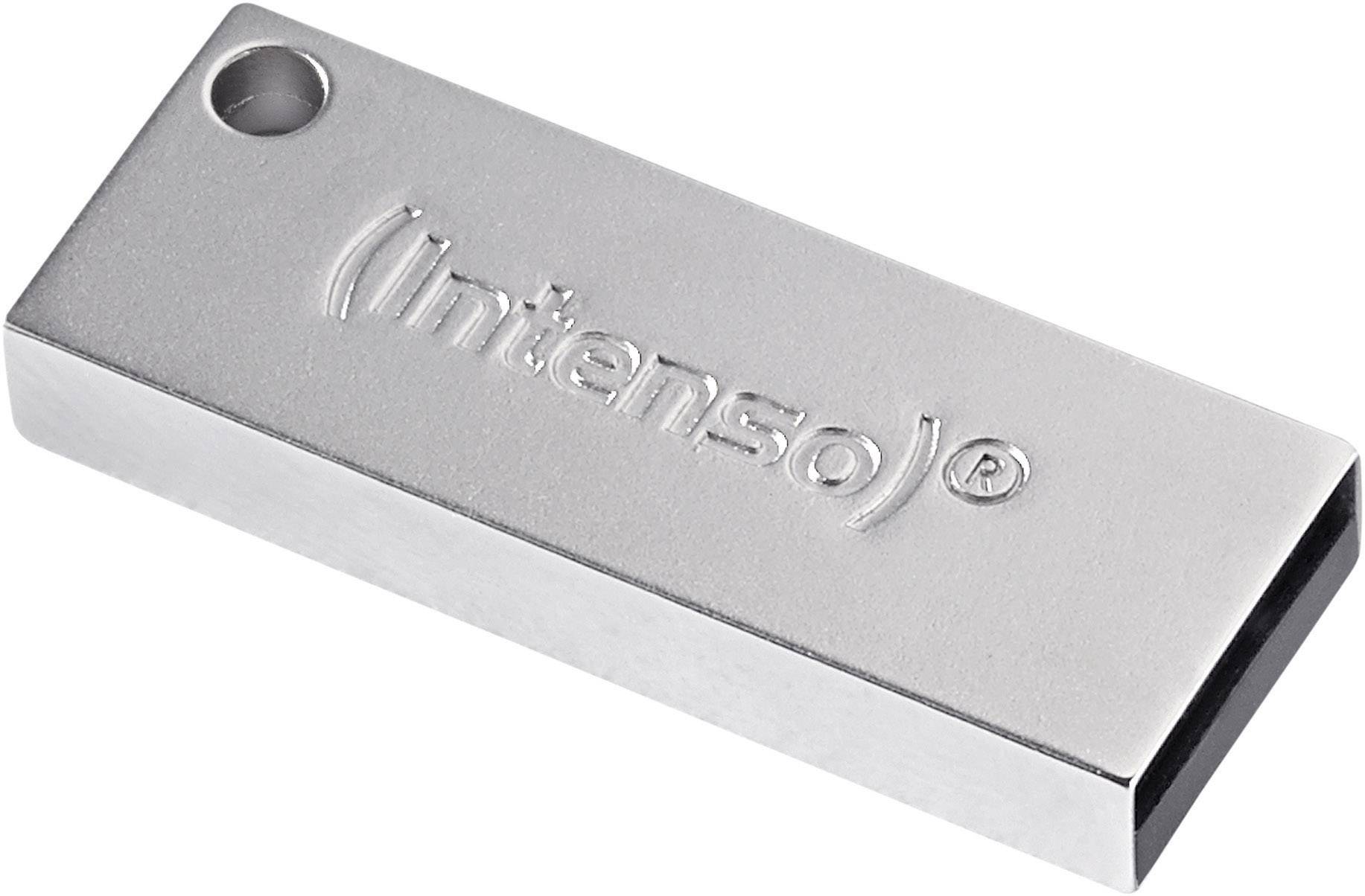 Stříbrný USB flash disk s vyGravírovaným logem 'Intenso'.