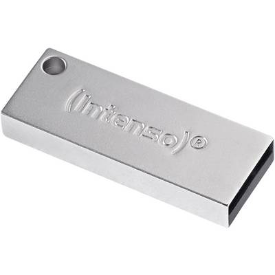 Stříbrný USB flash disk s vyGravírovaným logem 'Intenso'.