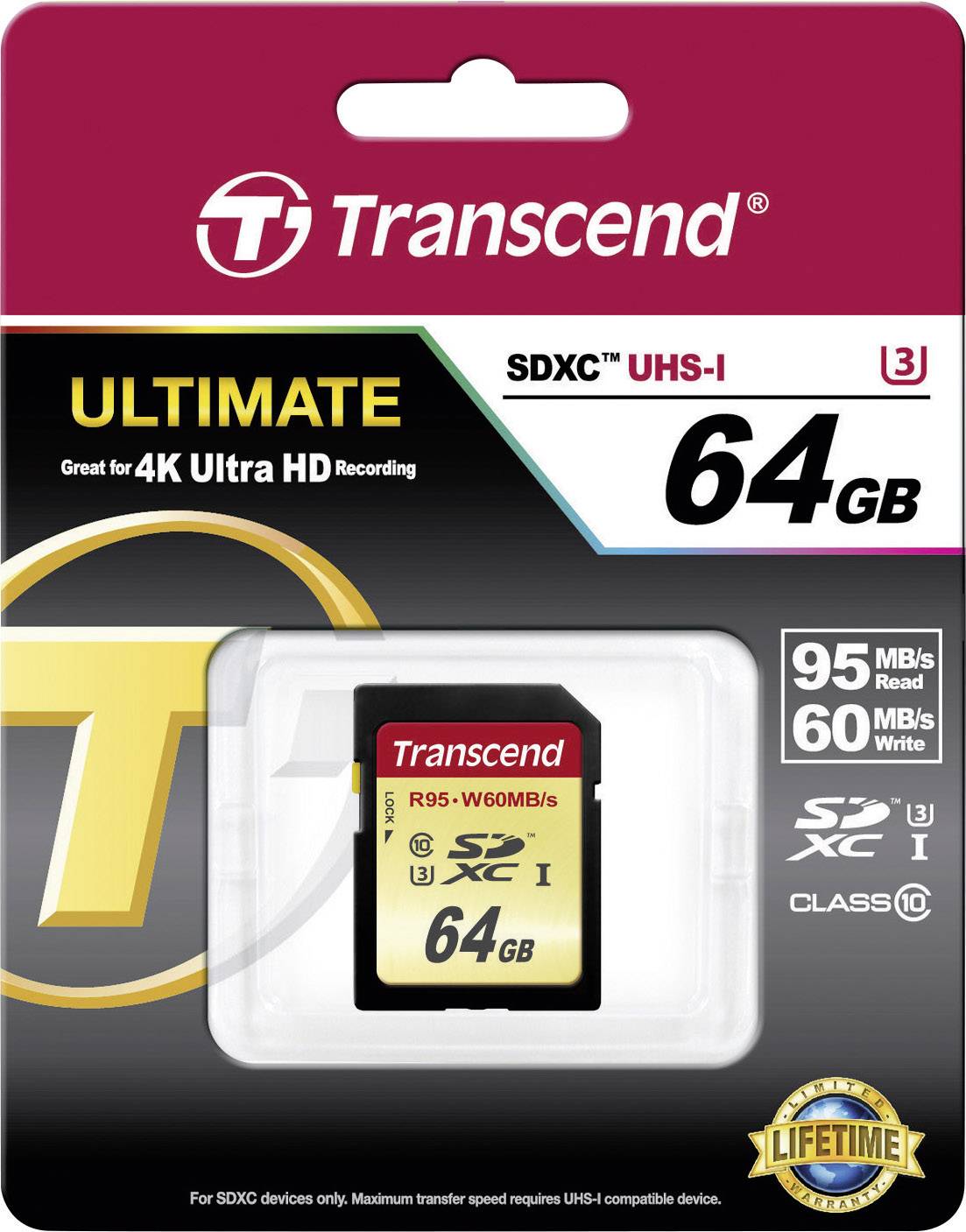 Transcend SDXC paměťová karta 'Ultimate' UHS-I s kapacitou 64 GB, vhodná pro 4K Ultra HD nahrávky. Rychlost čtení až 95 MB/s, rychlost zápisu až 60 MB/s.