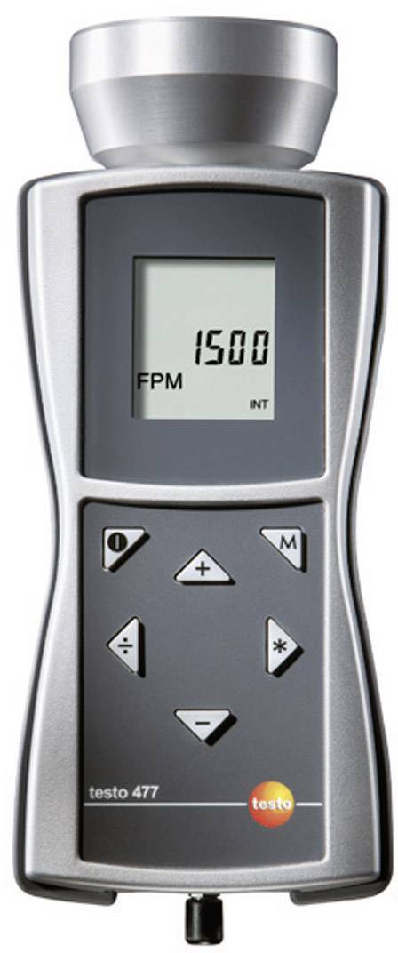 Ruční stroboskop s digitálním displejem zobrazuje '1500 FPM'. Ovládací tlačítka jsou patrná. Model: testo 477.