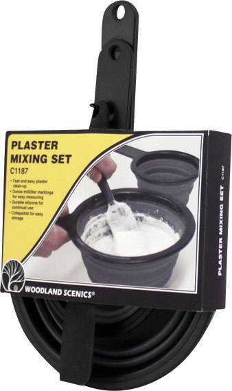 Sada pro míchání sádry s skládacími nádobami a míchacími nástroji, zobrazená s obalem. Ideální pro míchání sádry.