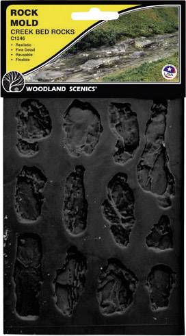 Forma na odlévání napodobenin skal s různými skalními tvary a texturami. Název produktu 'Rock Mold Creek Bed Rocks', značka Woodland Scenics.
