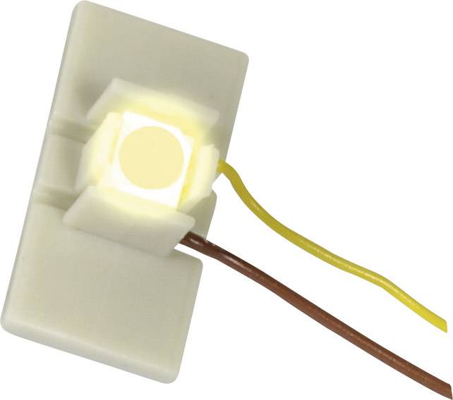 Světelná, bílá LED dioda na obdélníkovém plastovém pouzdře s žlutým a hnědým kabelem indikuje elektrické připojení.