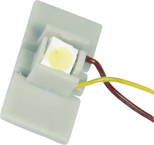 Šedá elektrická součástka se dvěma připojenými kabely, červeným a žlutým, která pravděpodobně slouží jako propojovací prvek.